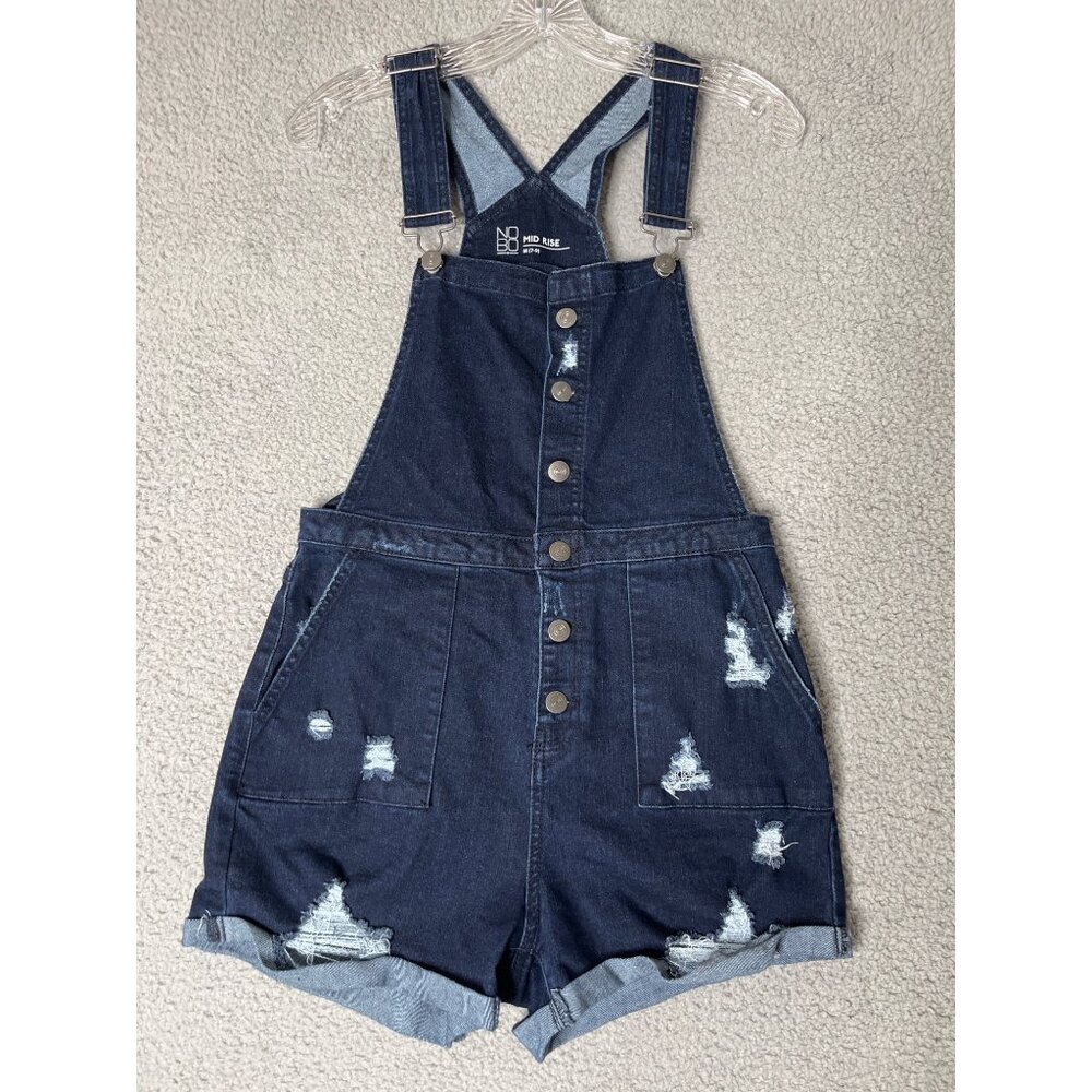 NoBo Shortalls Womens‎ Size Jr Medium 7/9 Blue Denim Distressed Overalls Grunge